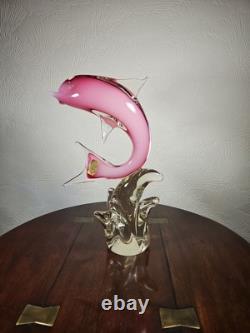 Figurine en verre artistique vintage de dauphin rose dans une vague avec étiquette Vetro Artistico