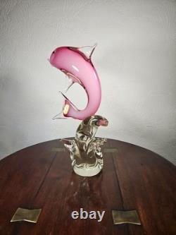 Figurine en verre artistique vintage de dauphin rose dans une vague avec étiquette Vetro Artistico