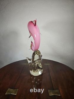 Figurine en verre artistique vintage de dauphin rose dans une vague avec étiquette Vetro Artistico
