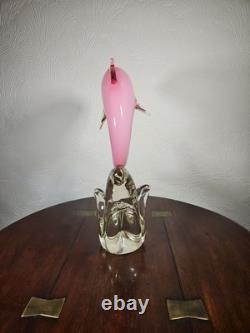 Figurine en verre artistique vintage de dauphin rose dans une vague avec étiquette Vetro Artistico
