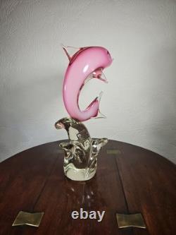 Figurine en verre artistique vintage de dauphin rose dans une vague avec étiquette Vetro Artistico