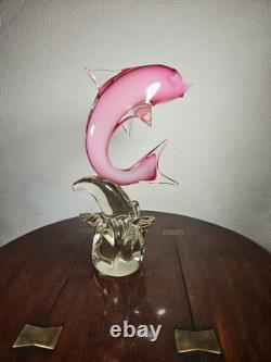 Figurine en verre artistique vintage de dauphin rose dans une vague avec étiquette Vetro Artistico
