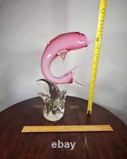 Figurine en verre artistique vintage de dauphin rose dans une vague avec étiquette Vetro Artistico