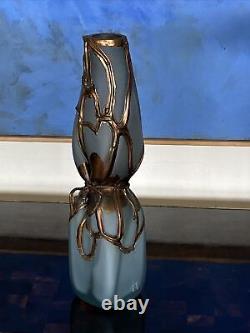 Filip Ravert Vase En Verre D'art Roumain Bleu Pâle Avec Superposition En Bronze Art Nouveau