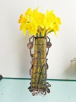 Fine Loetz Autrichien Bohemian Glass Art Nouveau Vase W Bronze Stand Poppies 1915