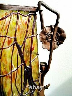 Fine Loetz Autrichien Bohemian Glass Art Nouveau Vase W Bronze Stand Poppies 1915