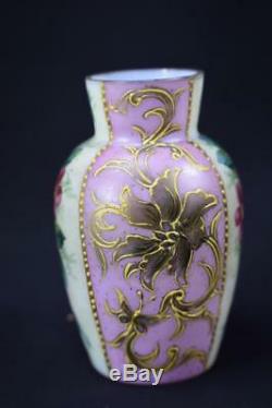 Français Antique Art Nouveau Peint À La Main Émail Rose Et Blanc Opaline Vase