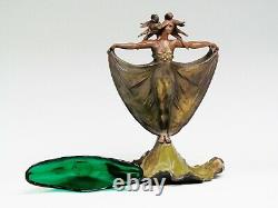French Elegant Art Nouveau Bronze Deux Nymphes Avec Insert En Verre Vert D'origine