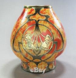 Fritz Heckert Art Glass Vase Mormopal Recouvert D'argent Sterling Ca. 1902 Époque Loetz
