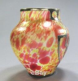 Fritz Heckert Art Glass Vase Mormopal Recouvert D'argent Sterling Ca. 1902 Époque Loetz