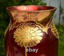 Grand Art Nouveau Harrach Bohème Verre Rouge Vase Or Émail Circa 1900