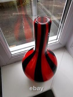 Grand Contemporain Murano Style Rouge & Noir Bande Gourde En Forme De Verre D'art Vase