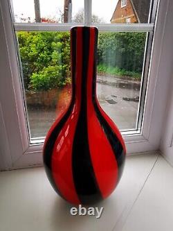 Grand Contemporain Murano Style Rouge & Noir Bande Gourde En Forme De Verre D'art Vase