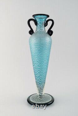 Grand Vase Murano Avec Poignées En Bouche Turquoise Verre Soufflé D'art, 1960