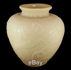 Grand Vase Rare Art Déco Steuben Stamford En Vase De Verre Ivoire Dépoli À L'acide, Gazelles # 2683