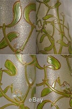 Grand Vase Verre Emaille Art Nouveau Antique Ancien Émaillé Verre Gui