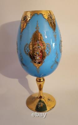 Grand Vase Vintage Opulent en Verre Opalin Bleu Vénitien avec Centre de Table en Or et Floral
