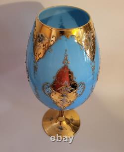 Grand Vase Vintage Opulent en Verre Opalin Bleu Vénitien avec Centre de Table en Or et Floral