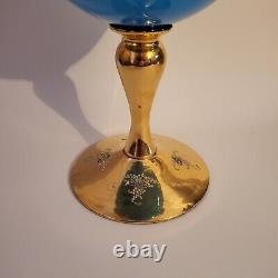 Grand Vase Vintage Opulent en Verre Opalin Bleu Vénitien avec Centre de Table en Or et Floral