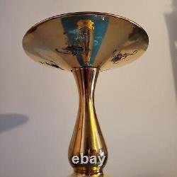 Grand Vase Vintage Opulent en Verre Opalin Bleu Vénitien avec Centre de Table en Or et Floral