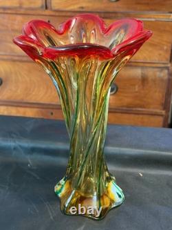 Grand vase en verre artistique fait main, tourbillon rouge ambre vert, lourd verre de studio, 27 cm