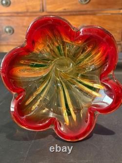 Grand vase en verre artistique fait main, tourbillon rouge ambre vert, lourd verre de studio, 27 cm