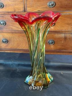 Grand vase en verre artistique fait main, tourbillon rouge ambre vert, lourd verre de studio, 27 cm