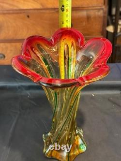 Grand vase en verre artistique fait main, tourbillon rouge ambre vert, lourd verre de studio, 27 cm