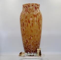 Grand vase en verre artistique moucheté des années 50, ambre orange, style Murano