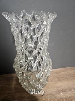 Grand vase en verre clair soufflé à la main avec un art en treillis vintage