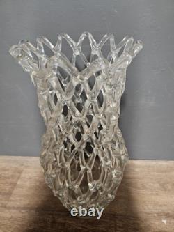 Grand vase en verre clair soufflé à la main avec un art en treillis vintage