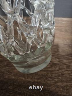 Grand vase en verre clair soufflé à la main avec un art en treillis vintage