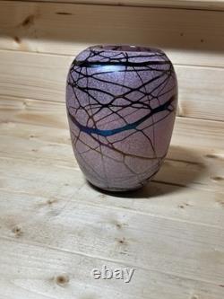 Grand vase en verre irisé rose à pois et fil de Bohemian Ernst Steinwald des années 1920