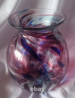 Grand vase vintage en verre d’art soufflé à la main bleu et rose
