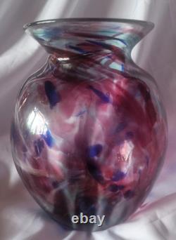 Grand vase vintage en verre d’art soufflé à la main bleu et rose