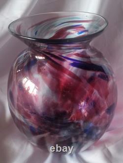 Grand vase vintage en verre d’art soufflé à la main bleu et rose