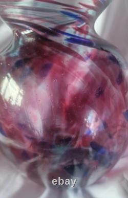 Grand vase vintage en verre d’art soufflé à la main bleu et rose