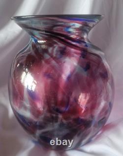 Grand vase vintage en verre d’art soufflé à la main bleu et rose
