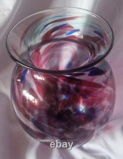 Grand vase vintage en verre d’art soufflé à la main bleu et rose