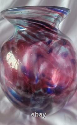 Grand vase vintage en verre d’art soufflé à la main bleu et rose