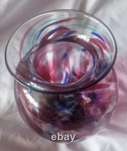 Grand vase vintage en verre d’art soufflé à la main bleu et rose