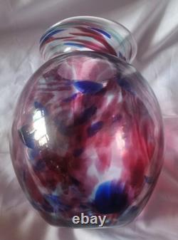 Grand vase vintage en verre d’art soufflé à la main bleu et rose