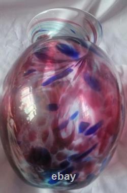 Grand vase vintage en verre d’art soufflé à la main bleu et rose