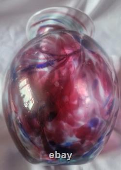 Grand vase vintage en verre d’art soufflé à la main bleu et rose
