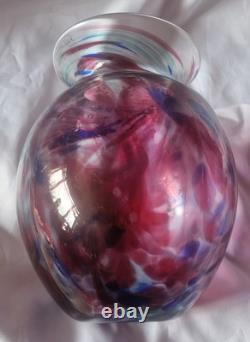 Grand vase vintage en verre d’art soufflé à la main bleu et rose