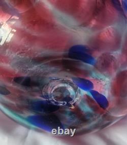 Grand vase vintage en verre d’art soufflé à la main bleu et rose