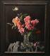 Grande Fin 20ème Siècle Fleurs Nature Morte Rose Et Roses Rouges En Verre Peinture Vase