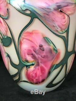 John Lotton Art De Verre Vase 10.2, Rose Au Sol Tubé Irisées, Signé, 1990