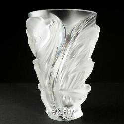 Lalique Martinets Signé Verre D'art Vase En Cristal Givré Clair Oiseaux Élevés 9.5