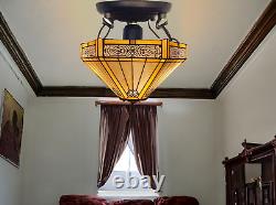 Lampe de plafond hexagonale Tiffany Yellow de 16 pouces avec abat-jour en verre coloré de style antique au Royaume-Uni